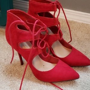 Red lace up Stilettos